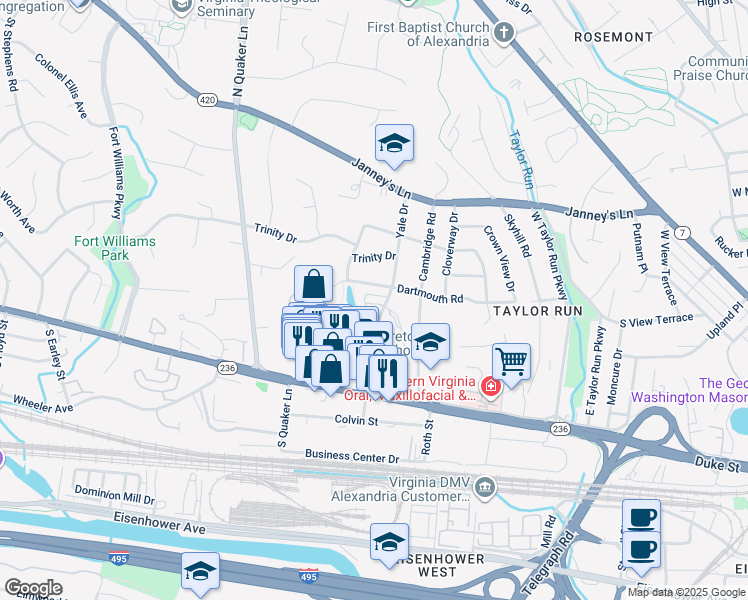 map of restaurants, bars, coffee shops, grocery stores, and more near 1109 Quaker Hill Court in Alexandria