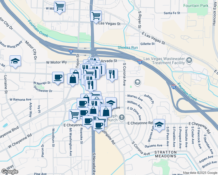 map of restaurants, bars, coffee shops, grocery stores, and more near 1619 South Weber Street in Colorado Springs