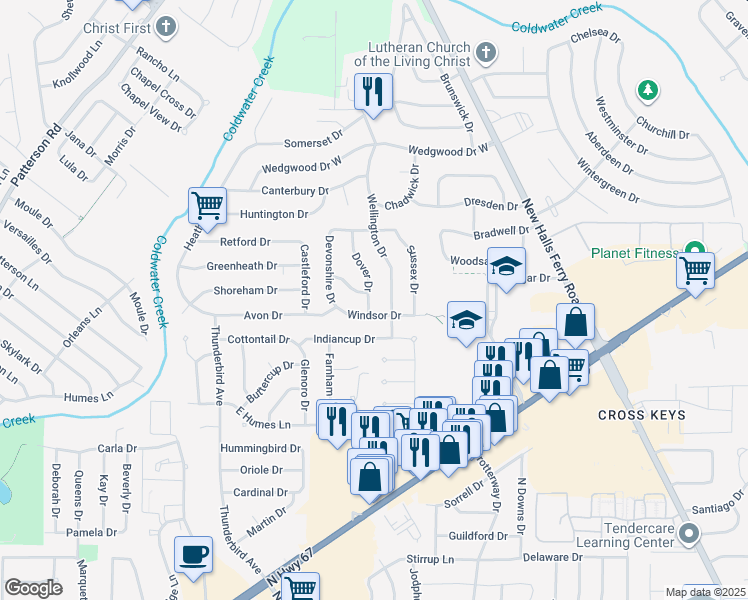 map of restaurants, bars, coffee shops, grocery stores, and more near 2820 Dover Drive in Florissant