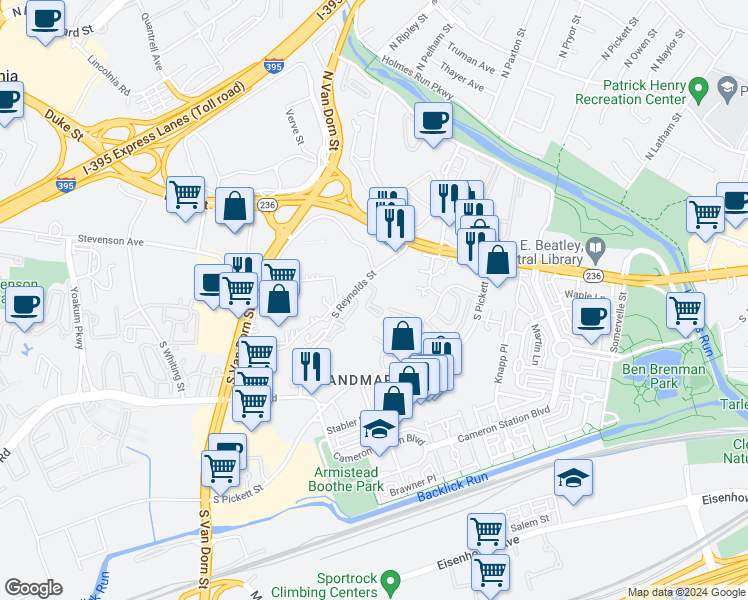 map of restaurants, bars, coffee shops, grocery stores, and more near 240 South Reynolds Street in Alexandria
