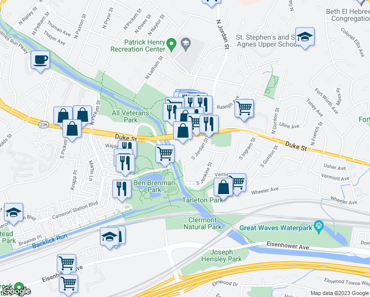 map of restaurants, bars, coffee shops, grocery stores, and more near 4600 Duke Street in Alexandria
