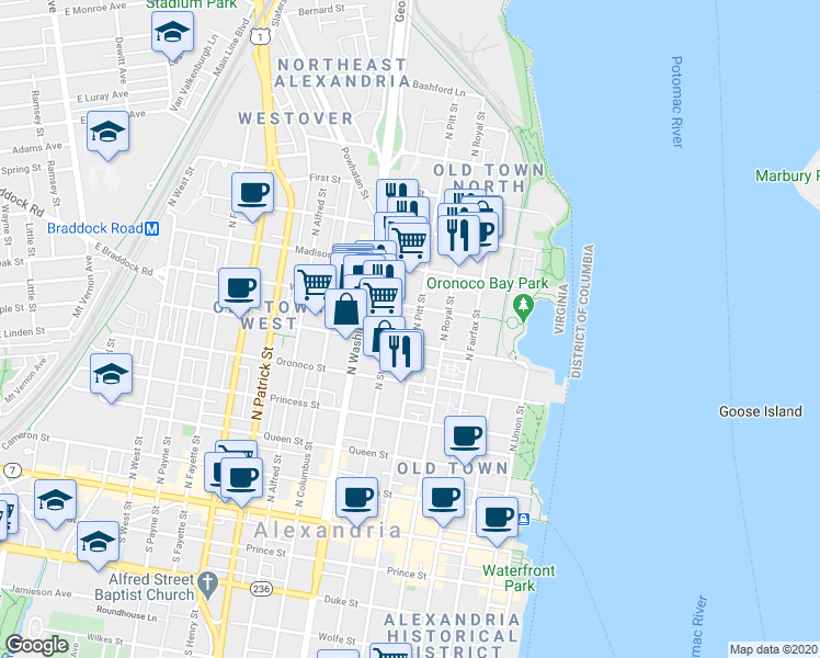 map of restaurants, bars, coffee shops, grocery stores, and more near 616 North Pitt Street in Alexandria