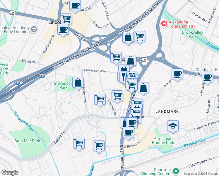 map of restaurants, bars, coffee shops, grocery stores, and more near 300 South Whiting Street in Alexandria