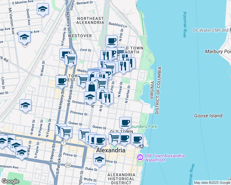 map of restaurants, bars, coffee shops, grocery stores, and more near 600 North Royal Street in Alexandria