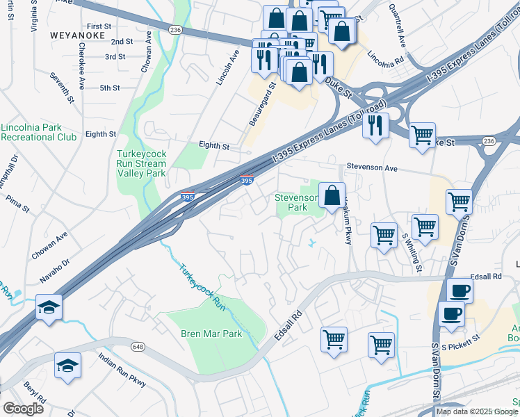 map of restaurants, bars, coffee shops, grocery stores, and more near 6310 Chaucer View Circle in Alexandria