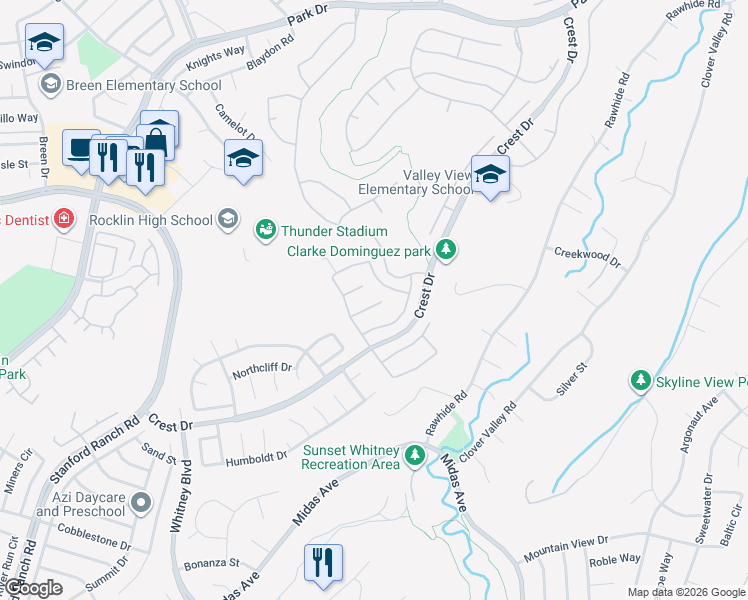 map of restaurants, bars, coffee shops, grocery stores, and more near 3206 Thistle Court in Rocklin