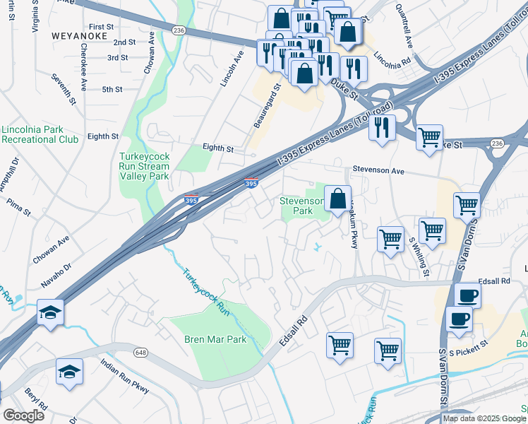 map of restaurants, bars, coffee shops, grocery stores, and more near 6310 Chaucer View Circle in Alexandria