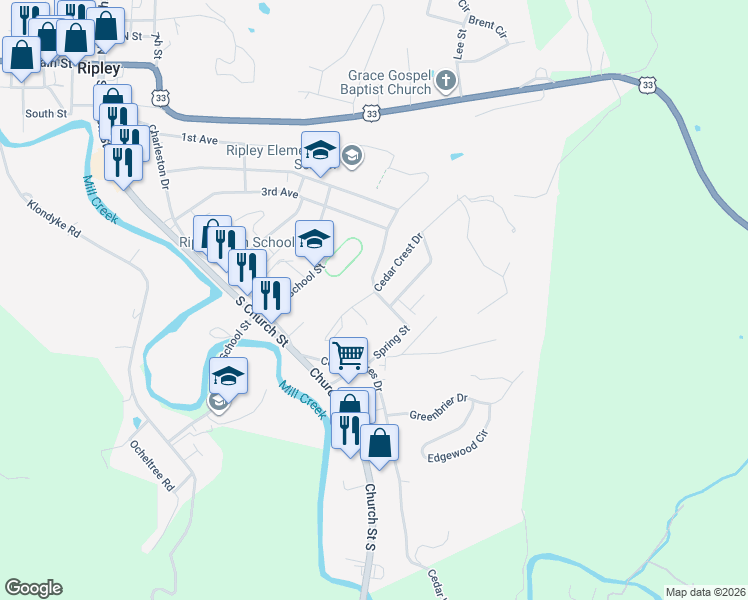 map of restaurants, bars, coffee shops, grocery stores, and more near 500 Spring Street in Ripley