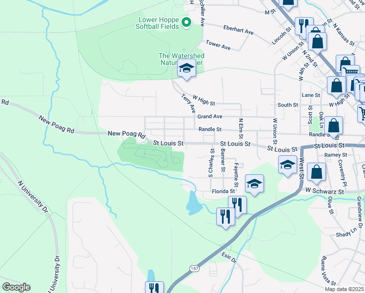 map of restaurants, bars, coffee shops, grocery stores, and more near 1300 Saint Louis Street in Edwardsville