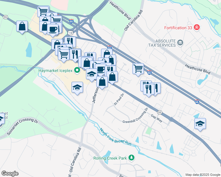 map of restaurants, bars, coffee shops, grocery stores, and more near 6705 Madison Street in Haymarket