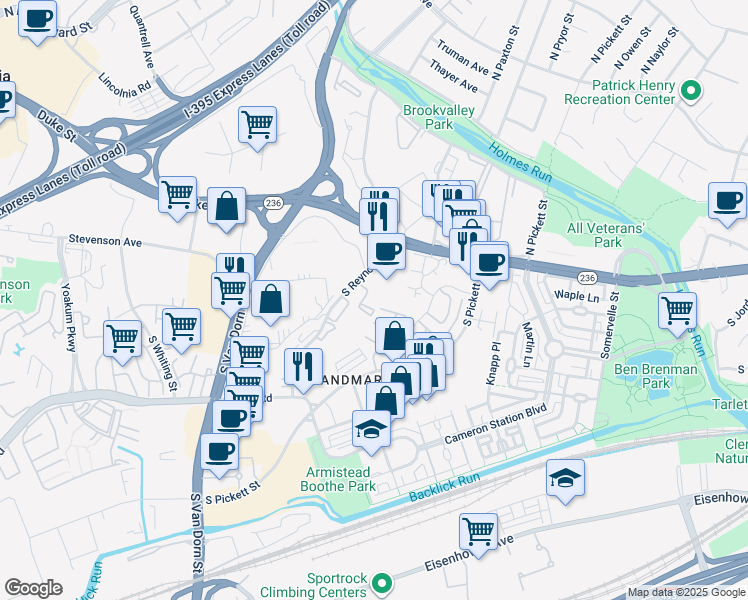 map of restaurants, bars, coffee shops, grocery stores, and more near 240 South Reynolds Street in Alexandria