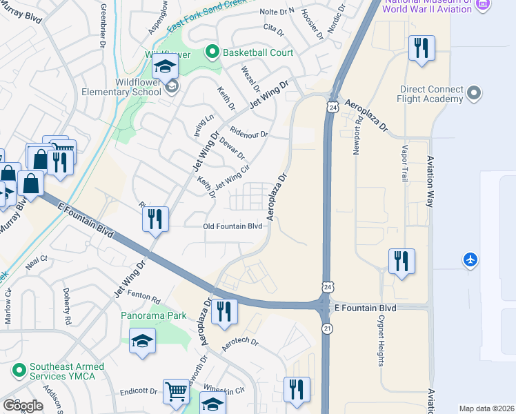 map of restaurants, bars, coffee shops, grocery stores, and more near 4903 Dovetail Lane in Colorado Springs