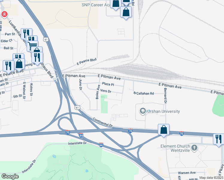 map of restaurants, bars, coffee shops, grocery stores, and more near 1441 Vero Drive in Wentzville