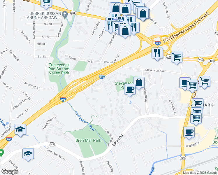 map of restaurants, bars, coffee shops, grocery stores, and more near 6308 Chaucer View Circle in Alexandria