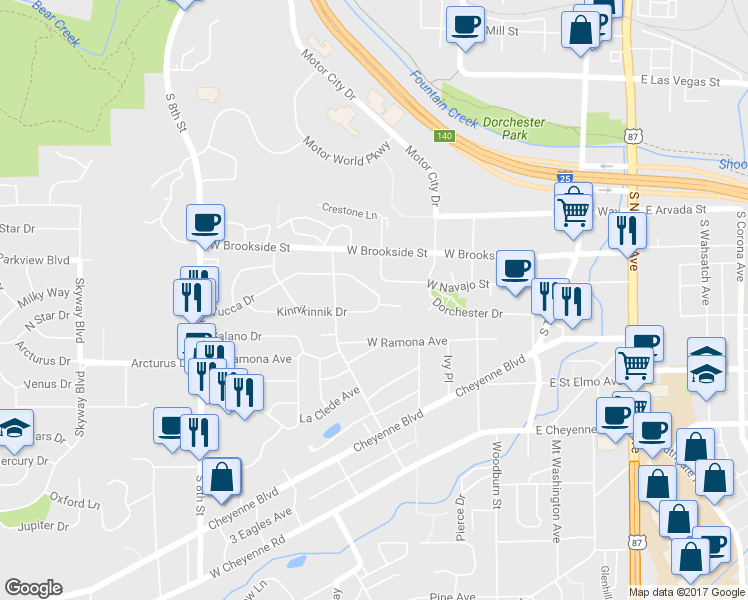 map of restaurants, bars, coffee shops, grocery stores, and more near 409 Yucca Drive in Colorado Springs