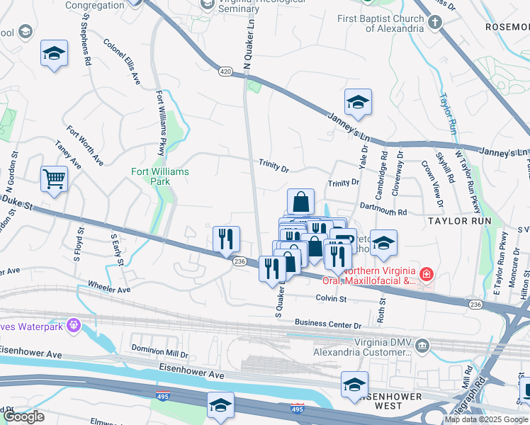 map of restaurants, bars, coffee shops, grocery stores, and more near 201 North Quaker Lane in Alexandria