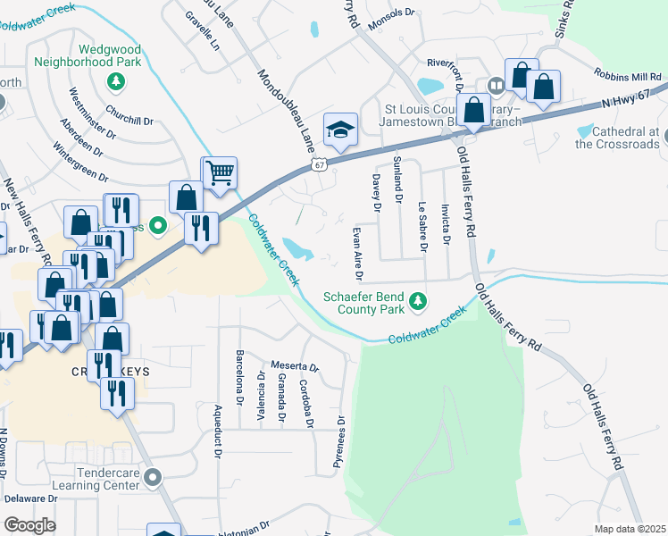 map of restaurants, bars, coffee shops, grocery stores, and more near 3724 Candlewyck Club Drive in Florissant