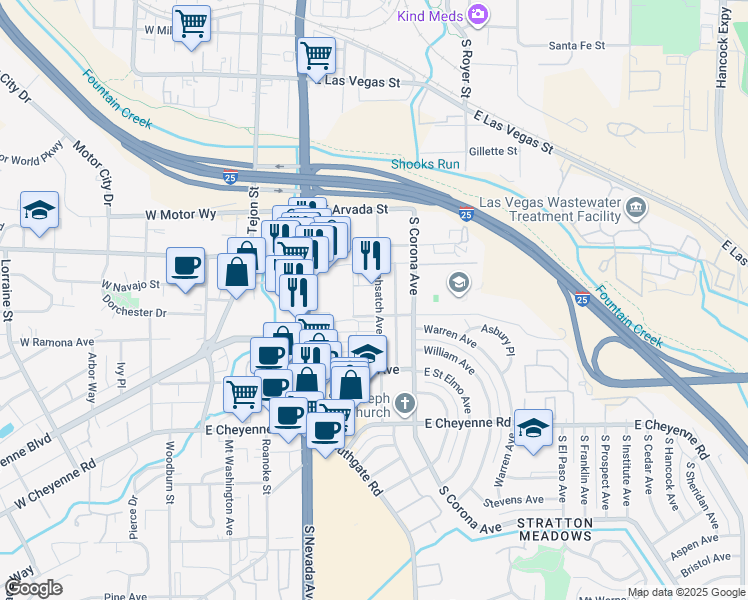 map of restaurants, bars, coffee shops, grocery stores, and more near 1619 South Weber Street in Colorado Springs