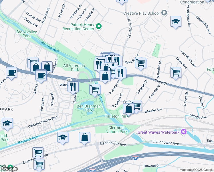 map of restaurants, bars, coffee shops, grocery stores, and more near 4600 Duke Street in Alexandria
