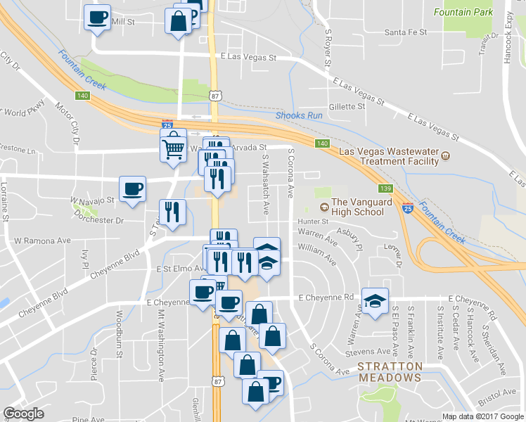 map of restaurants, bars, coffee shops, grocery stores, and more near 1619 South Weber Street in Colorado Springs
