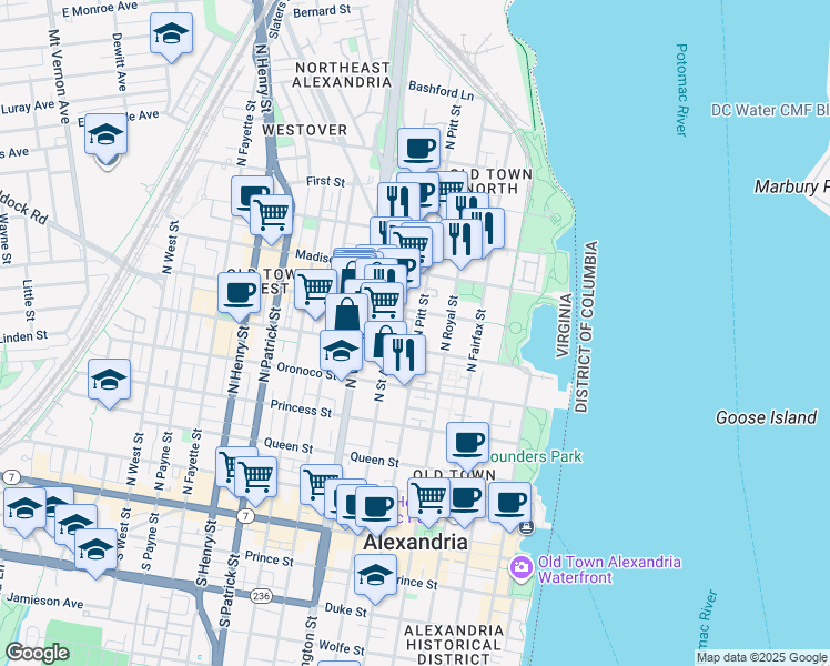 map of restaurants, bars, coffee shops, grocery stores, and more near 618 North Pitt Street in Alexandria