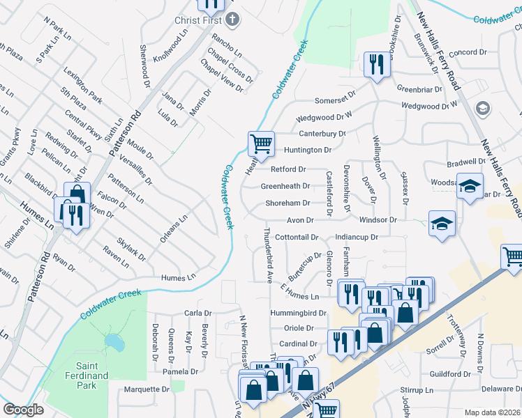 map of restaurants, bars, coffee shops, grocery stores, and more near 1961 Shoreham Drive in Florissant