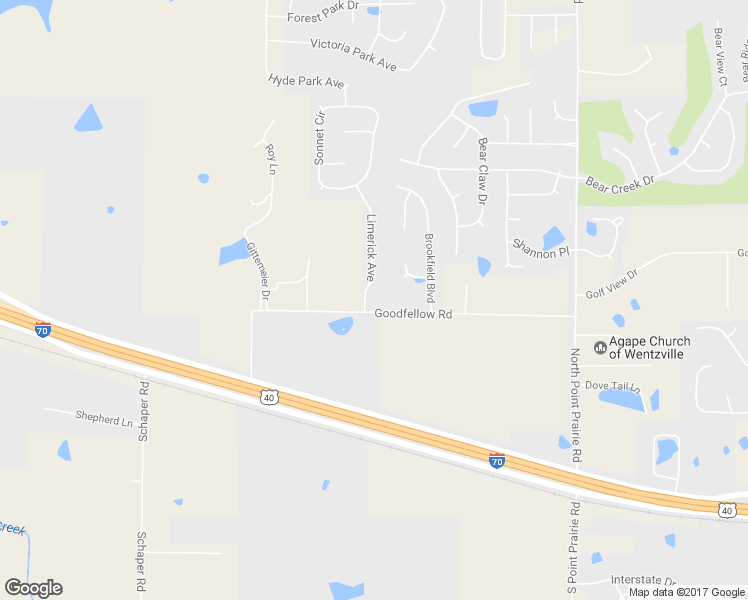 map of restaurants, bars, coffee shops, grocery stores, and more near 2537 Goodfellow Road in Wentzville