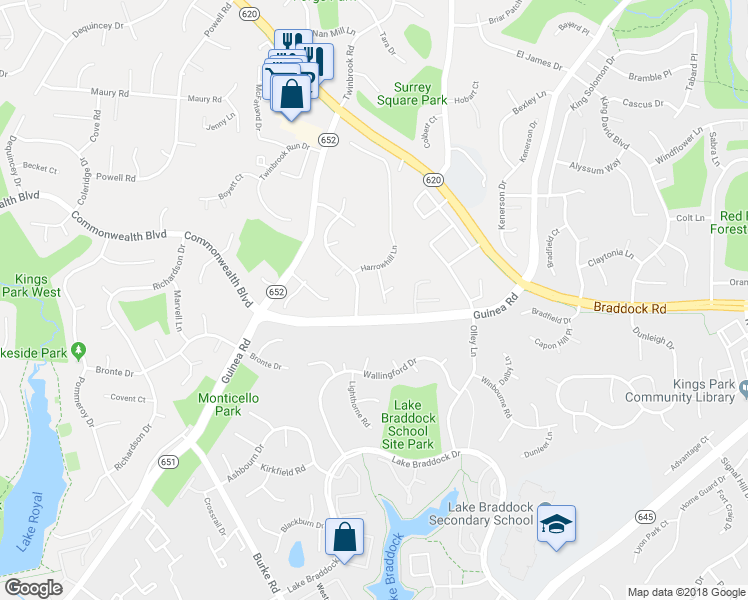 map of restaurants, bars, coffee shops, grocery stores, and more near 5112 Kings Grove Ct in Burke