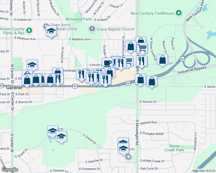 map of restaurants, bars, coffee shops, grocery stores, and more near 653 East Main Street in Gardner
