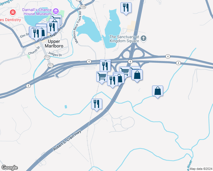 map of restaurants, bars, coffee shops, grocery stores, and more near 5701 Crain Highway in Upper Marlboro