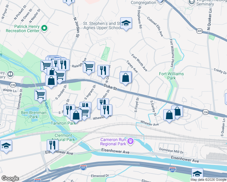map of restaurants, bars, coffee shops, grocery stores, and more near 4128 Duke Street in Alexandria