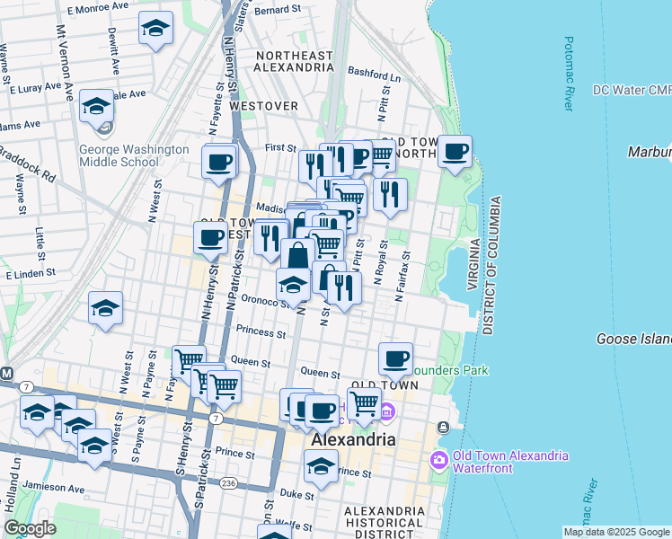 map of restaurants, bars, coffee shops, grocery stores, and more near 615 North Saint Asaph Street in Alexandria