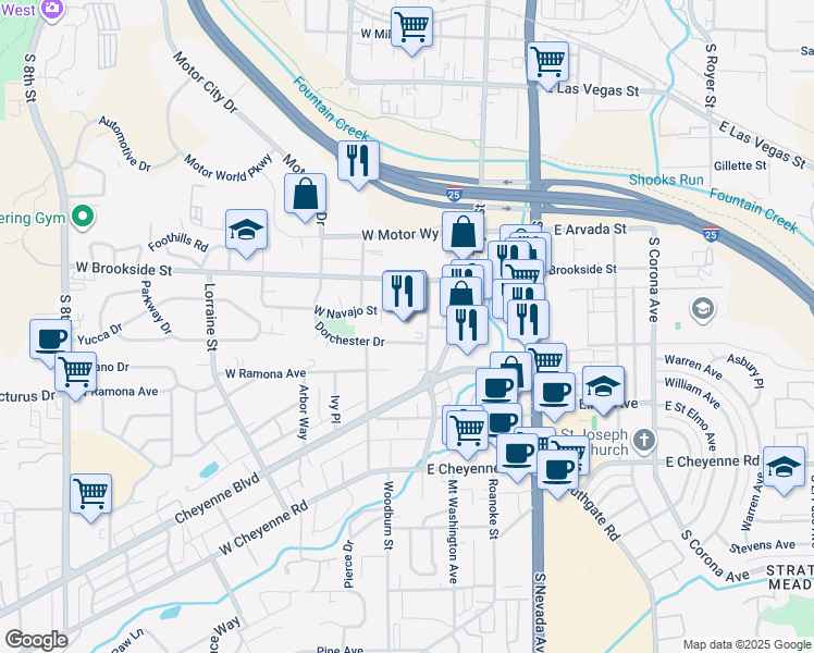 map of restaurants, bars, coffee shops, grocery stores, and more near 1604 South Cascade Avenue in Colorado Springs