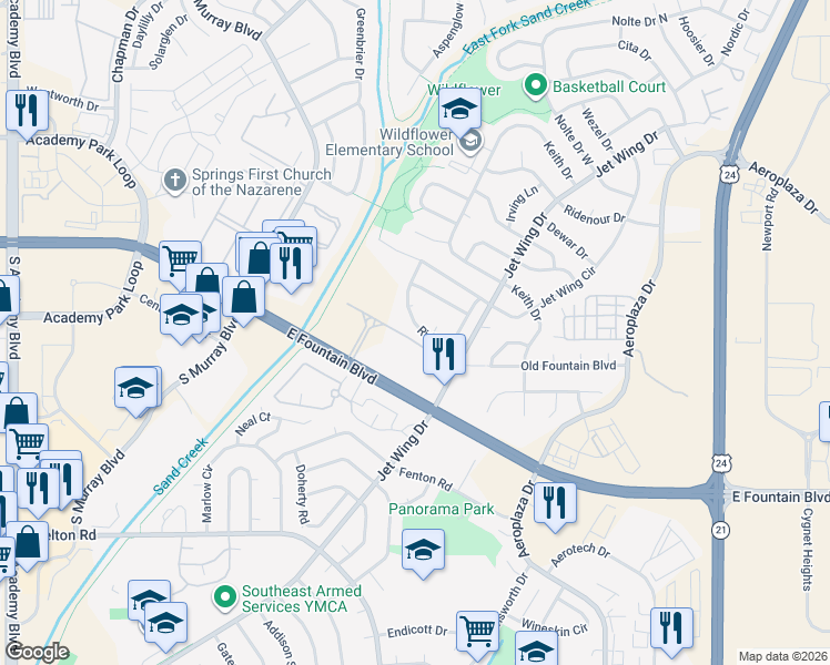 map of restaurants, bars, coffee shops, grocery stores, and more near 1480 Ride Lane in Colorado Springs