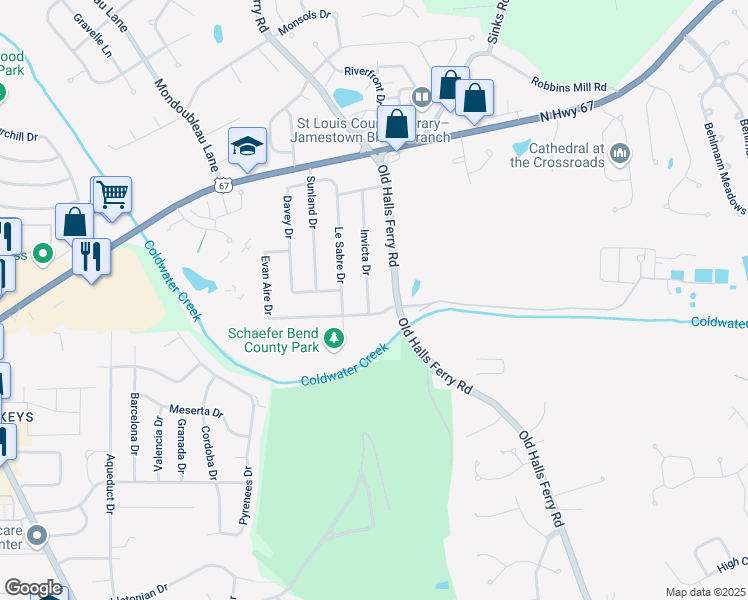 map of restaurants, bars, coffee shops, grocery stores, and more near 13830 Invicta Drive in Florissant