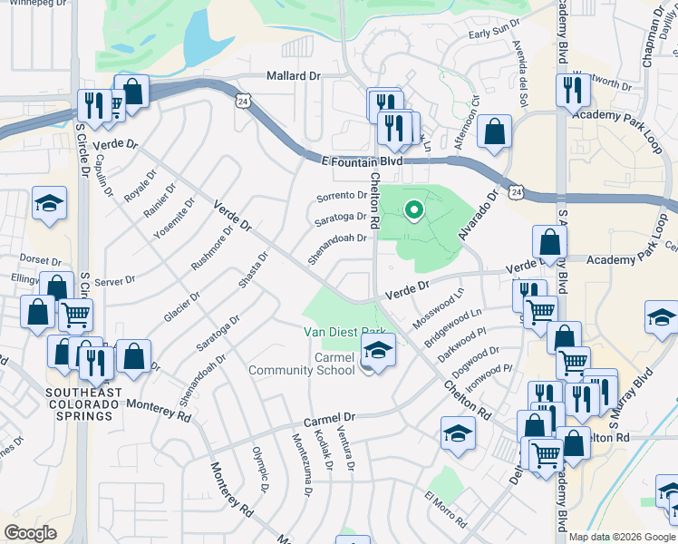 map of restaurants, bars, coffee shops, grocery stores, and more near 1430 South Chelton Road in Colorado Springs