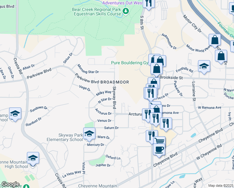 map of restaurants, bars, coffee shops, grocery stores, and more near 831 Skyway Blvd in Colorado Springs