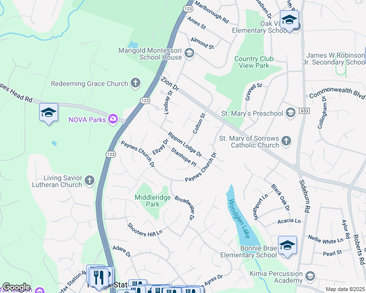 map of restaurants, bars, coffee shops, grocery stores, and more near 10801 Rippon Lodge Drive in Fairfax