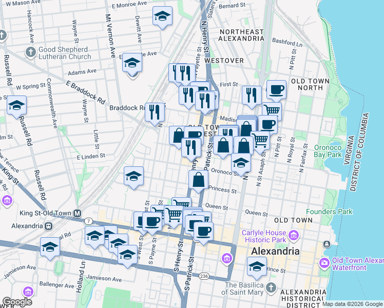 map of restaurants, bars, coffee shops, grocery stores, and more near 528 North Henry Street in Alexandria