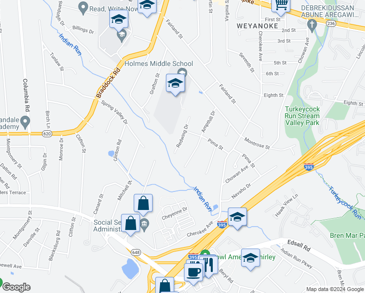 map of restaurants, bars, coffee shops, grocery stores, and more near 5205 Redwing Drive in Alexandria