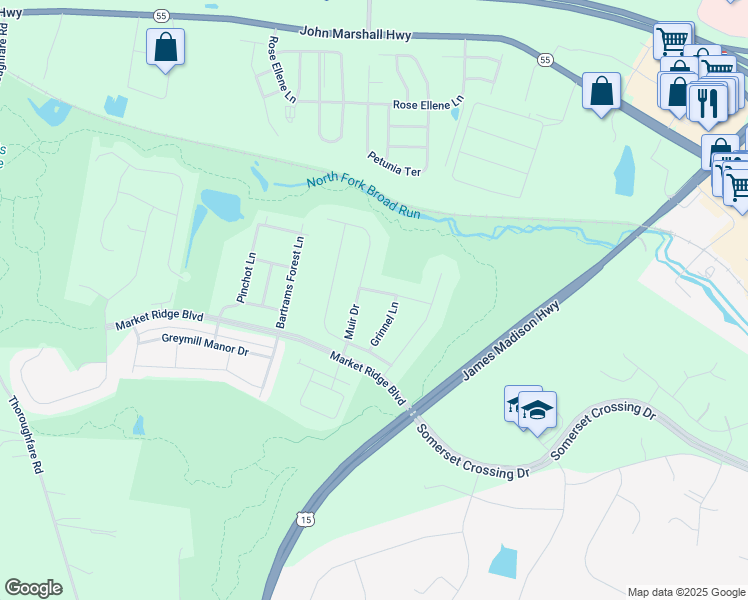 map of restaurants, bars, coffee shops, grocery stores, and more near 15725 Rachel Place in Haymarket