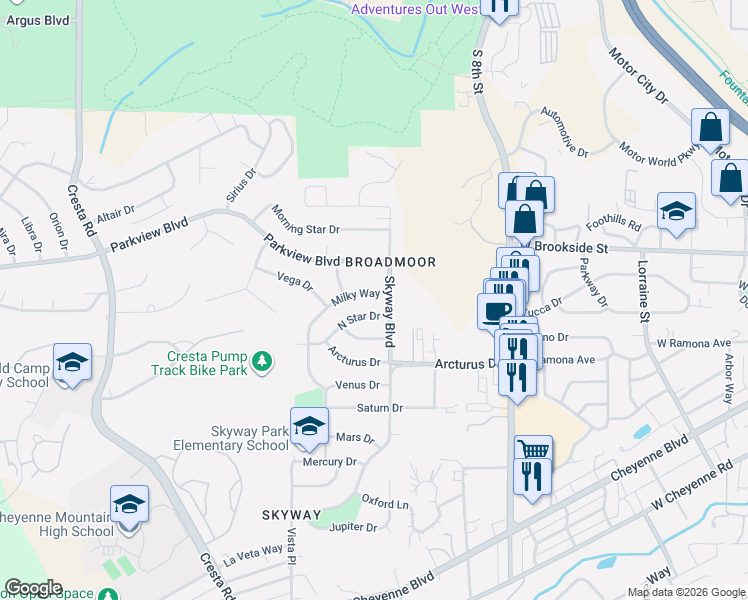map of restaurants, bars, coffee shops, grocery stores, and more near 1005 Milky Way in Colorado Springs