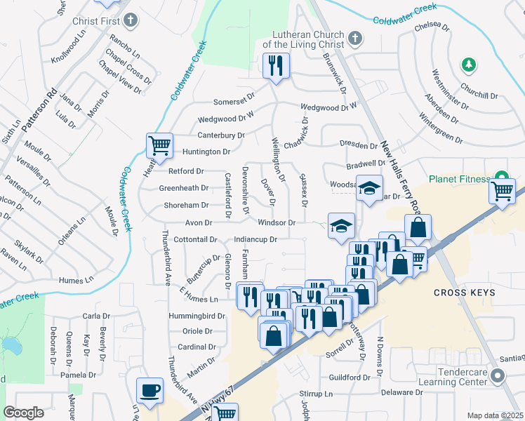 map of restaurants, bars, coffee shops, grocery stores, and more near 2820 Dover Drive in Florissant
