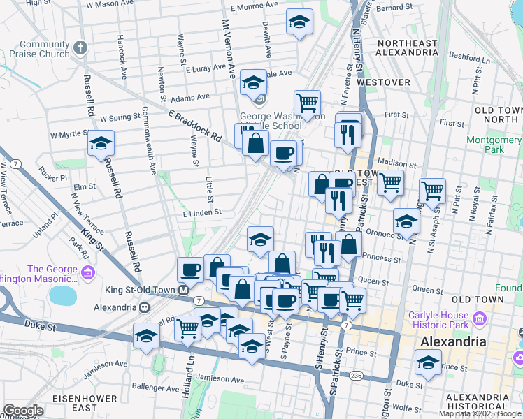 map of restaurants, bars, coffee shops, grocery stores, and more near 1539 Oronoco Street in Alexandria
