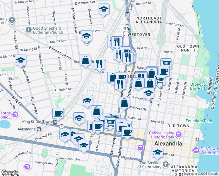 map of restaurants, bars, coffee shops, grocery stores, and more near 515 North Payne Street in Alexandria