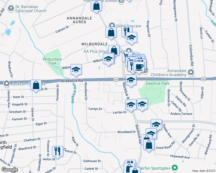 map of restaurants, bars, coffee shops, grocery stores, and more near 7033 Bradwood Court in Springfield