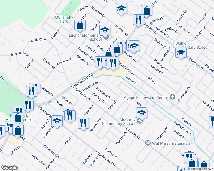 map of restaurants, bars, coffee shops, grocery stores, and more near 225 Francisca Drive in Florissant