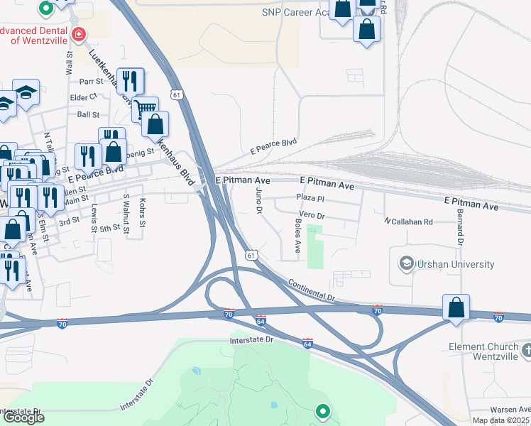 map of restaurants, bars, coffee shops, grocery stores, and more near 12 Juno Drive in Wentzville