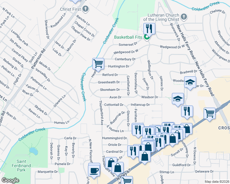 map of restaurants, bars, coffee shops, grocery stores, and more near 2072 Shoreham Drive in Florissant