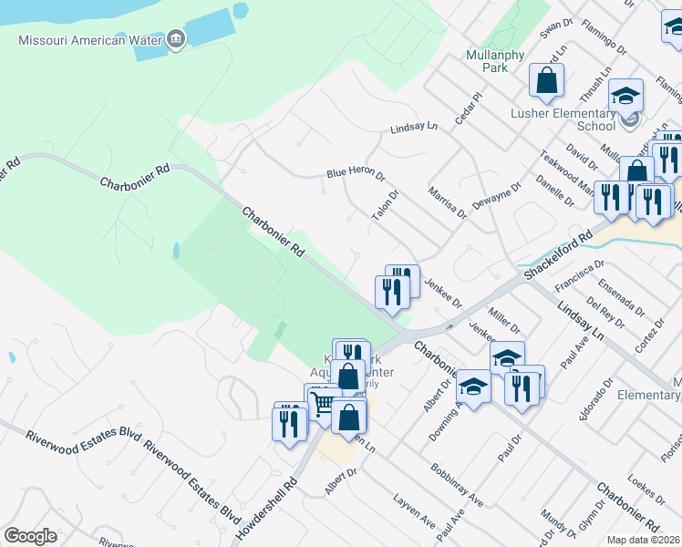 map of restaurants, bars, coffee shops, grocery stores, and more near 541 Park Side Estates Court in Florissant